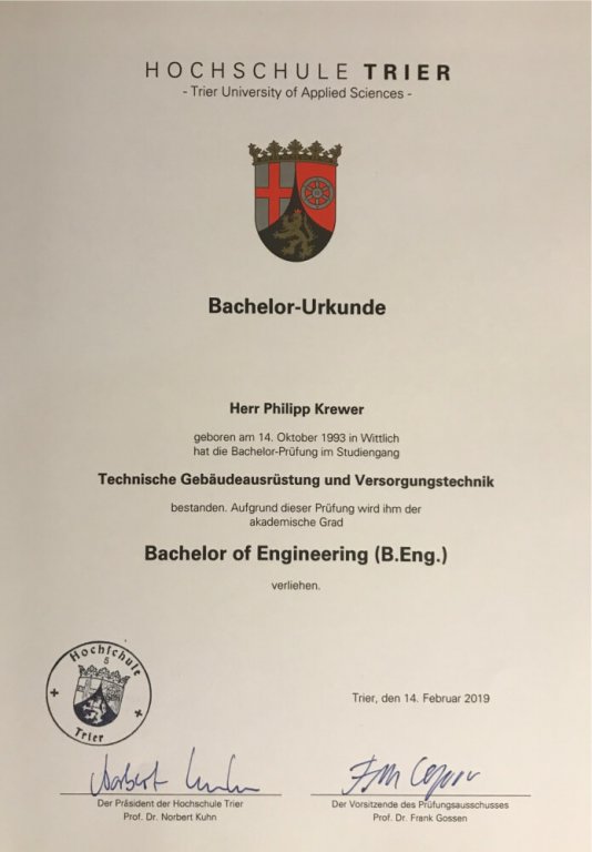 Bachelor-Urkunde Philipp Krewer